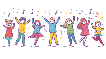 Wall Mural - Happy smiling people dance and celebrate, simple shapes, flat colors, cartoon doodle  illustration isolated on white background