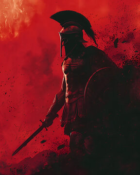 spectacular red and black silhouette of a warrior in the midst of battle  