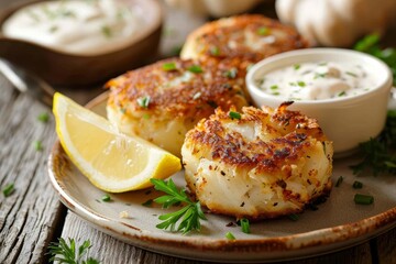 Delicious homemade crab cakes with lemon and tartar sauce