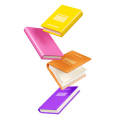 Floating books with bright color hardcover isolated on white. Cartoon 3d render illustration of flying literature for school education and library concept. Soar paper brochure for bookstore design.