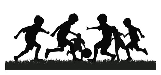 Boys playing soccer or football together, young soccer players playing with ball silhouette, boys soccer players silhouette