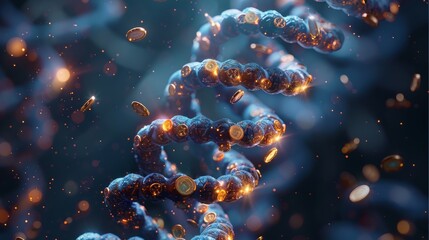 Leinwandbilder - A double-helix strand of DNA, with spinning coin inside each twist of the helix. The coins are spinning on edge to give the appearance that the swaying stack of coins is intermingled. Generative AI.