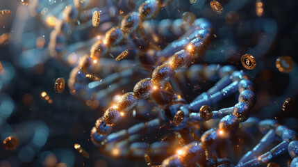 Leinwandbilder - A double-helix strand of DNA, with spinning coin inside each twist of the helix. The coins are spinning on edge to give the appearance that the swaying stack of coins is intermingled. Generative AI.