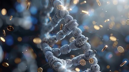 Leinwandbilder - A double-helix strand of DNA, with spinning coin inside each twist of the helix. The coins are spinning on edge to give the appearance that the swaying stack of coins is intermingled. Generative AI.