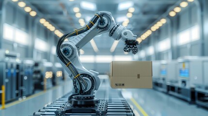 Leinwandbilder - Modern completely black logistic unloading robot arm holding a box, with details wires and gears in white hangar. Generative AI.