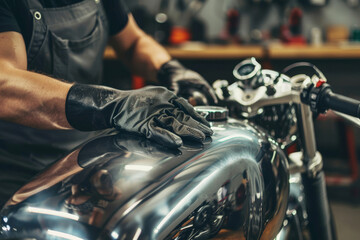 Mechanic with Gloved Hands Polishing a Vintage Motorcycle in Garage