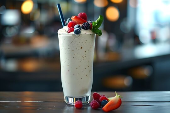 Milkshake in a glass, with fresh fruit and a straw