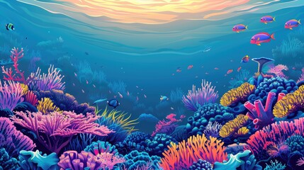 Wall Mural - A colorful underwater scene with a variety of fish and plants. Scene is vibrant and lively, with the bright colors of the coral and fish creating a sense of energy and movement