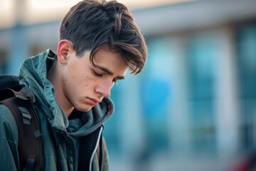 One sad boy teenager outdoor looking down for stress or depression. Student tired of school education. Casual young man thinking alone. Thoughtful youth people. Sadness and loneliness teen person