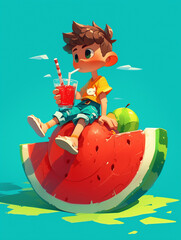 Wall Mural - child eating watermelon