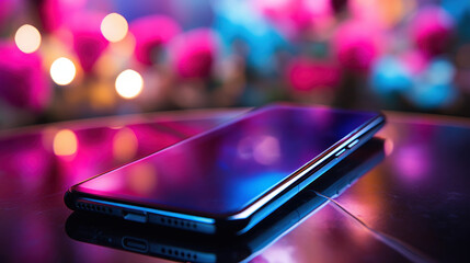 Online casino banner. Smartphone with playing chips on blurred neon background with bokeh effect for online casinos and mobile gambling applications, poker - winner, wealth concept. Generative AI