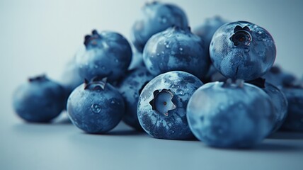 Wall Mural - A tempting bunch of plump blueberries arranged on a white surface, their deep blue hue promising a burst of antioxidant-rich flavor.