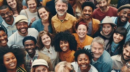 A diverse group of people of all ages are smiling and looking up at the camera. AIG535