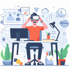 Wall Mural - illustration of a man using  VR and experiencing virtual reality simulation 