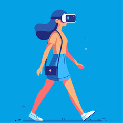 Wall Mural - illustration of a woman walking using  VR isolated on blue background.