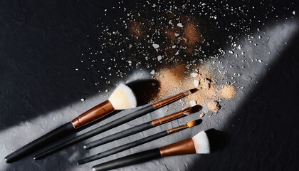 Wall Mural - Close up of professional make up brush with eyeshadows powder and hard shadow on dark background