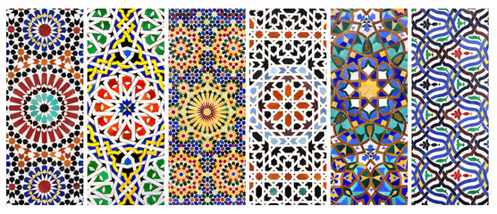 Wall Mural - Set of vertical or horizontal banners with detail of ancient mosaic walls with floral and geometric ornaments. Collection of backgrounds with traditional iranian tile decorations