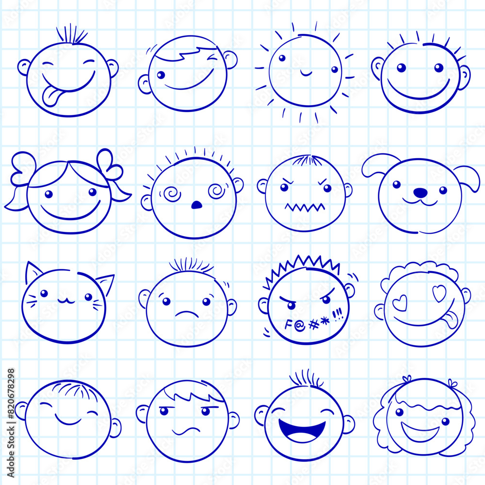 Back to school. Cute hand drawn sketches with faces with different ...