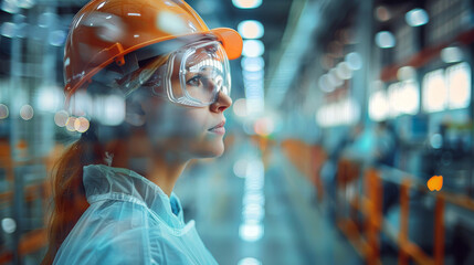 Leinwandbilder - Double exposure photo of Occupational Health and Safety worker in Personal protective equipment Looking at the production hall and his coworkers. Generative AI.