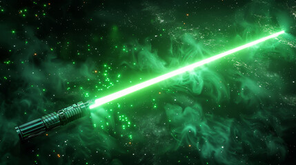 Wall Mural - illuminated green lightsaber against a cosmic background with stars and nebulae