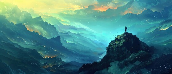 Wall Mural - A person is standing on top of a mountain, enjoying the sunset view