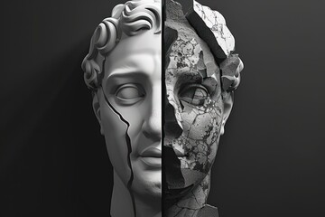 Ancient Greek broken head statue with face half obscured. Isolated background. Contemporary art