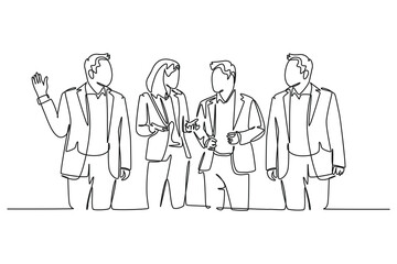 Wall Mural - Single one line drawing young male and female employees have a little chat while a working break at the head office. Workers daily life. Modern continuous line draw design graphic vector illustration