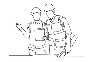 Wall Mural - Single one line drawing young construction manager do short brief to builder coordinator on site. Building architecture business concept. Modern continuous line draw design graphic vector illustration