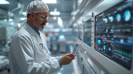 Poster - A modern hospital setting showcasing the integration of advanced AI technology. doctor using a tablet with a holographic display showing patient data. The environment high-tech. Generative AI.