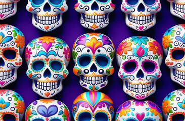 Wall Mural - Mexican Day of the dead concept skull shaped cookies with colorful decorations, top view. High quality photo