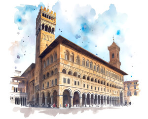 palazzo vecchio florence landmark. isolated watercolor illustration on white background