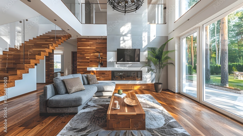 modern living room with a spacious wooden floor. A staircase with ...