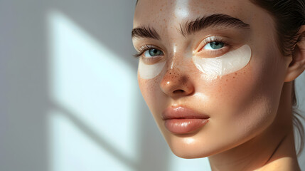 close up portrait of young woman with hydrogel eye patches against a light backdrop.