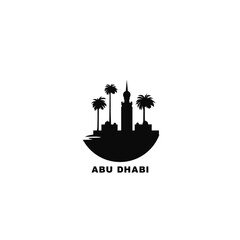 Poster - Abu Dhabi cityscape skyline city panorama vector flat modern logo icon. UAE, Arab Emirates travel emblem idea with landmarks and building silhouettes. Isolated round shape black graphic