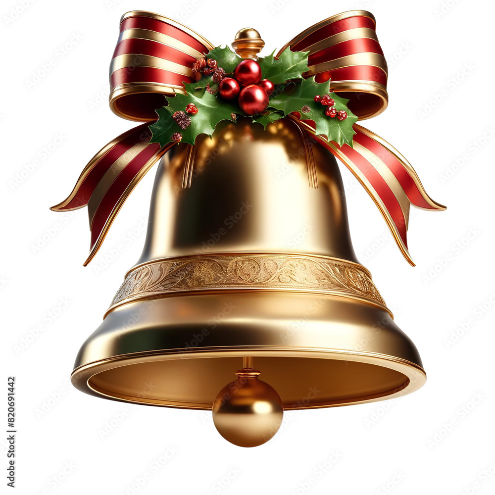 Golden Christmas Bell with Festive Ribbon and Holly - 3D Holiday ...