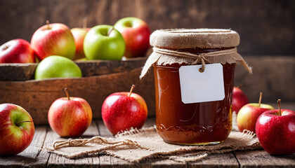 Red apples on a background of jars with jam. Homemade jam with apples, sweet dessert made from fresh fruits, jar of apple jam. Glass jam jar with blank label to add reflected text.