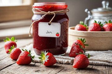 Sticker - Jar of strawberry jam with strawberries on the wooden table. Sweet and summery strawberry jam preserved in a jar. Jam jar mockup, jar tag for text and logo.