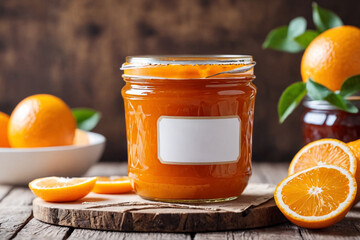 Sticker - Sweet dessert made of fresh fruits, a jar of orange jam, Homemade orange jam, citrus fruit marmalade, homemade autumn preparations.