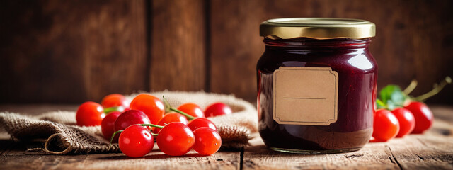 Sticker - Wooden background with raspberry jam and berry. Mockup of a jar of raspberry jam with a tag. Homemade jam with raspberry on the wooden table, selective focus.