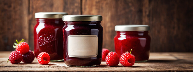 Sticker - Wooden background with raspberry jam and berry. Mockup of a jar of raspberry jam with a tag. Homemade jam with raspberry on the wooden table, selective focus.