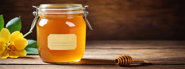 Sticker - Honey in a glass jar with wooden honey dipper on wooden table. Honey jar mockup, tag on the jar. Concept of beekeeping, apiculture, apiary. Sweet honey product, healthy food.