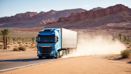 A truck with a trailer drives through the desert, raising a cloud of dust and sand behind it. Logistics and international cargo transportation. Truck is driving fast with a blurry environment.