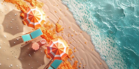 Wall Mural - Top view Beach umbrella with chairs and beach accessories on the sand background. summer vacation concept. art illustration