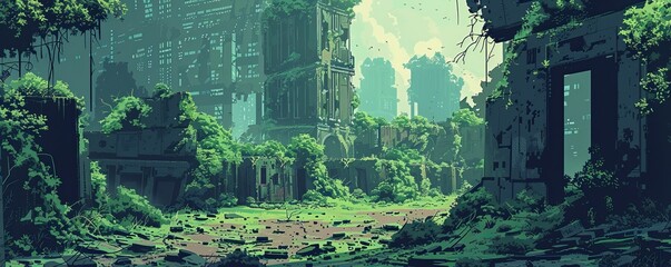 Wall Mural - A cybernetic wasteland where the ruins of civilization are slowly being reclaimed by nature, with vines and foliage creeping over crumbling buildings.   illustration.