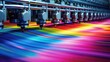 © Алина Бузунова - Colorful high-resolution photo of a large format wide-angle vinyl wrap printer in action, printing colorful geometric patterns on fabric and plastic materials