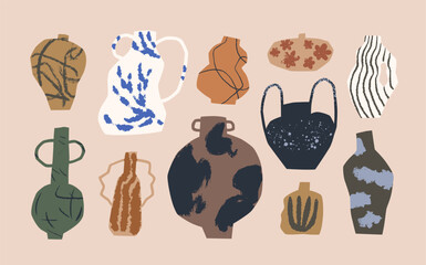 Fototapete - Modern pottery set. Trendy flower vases, ceramics collection. Ancient hand-made jugs, pots in abstract shapes, artistic creative designs, style. Handmade clay crockery art. Flat vector illustrations