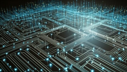 Circuit board with glowing lines and dots representing high tech