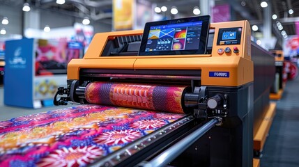 Colorful high-resolution photo of a large format wide-angle vinyl wrap printer in action, printing colorful geometric patterns on fabric and plastic materials