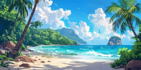 Wall Mural - Beautiful Tropical Beach ocean scene with Palm Trees illustration
