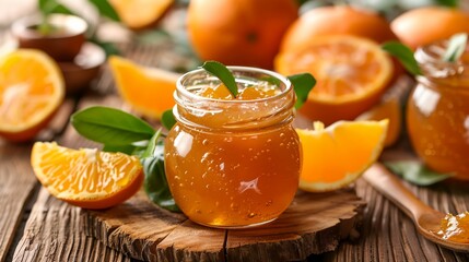 Poster - a jar of honey with oranges and leaves around it on a wooden table